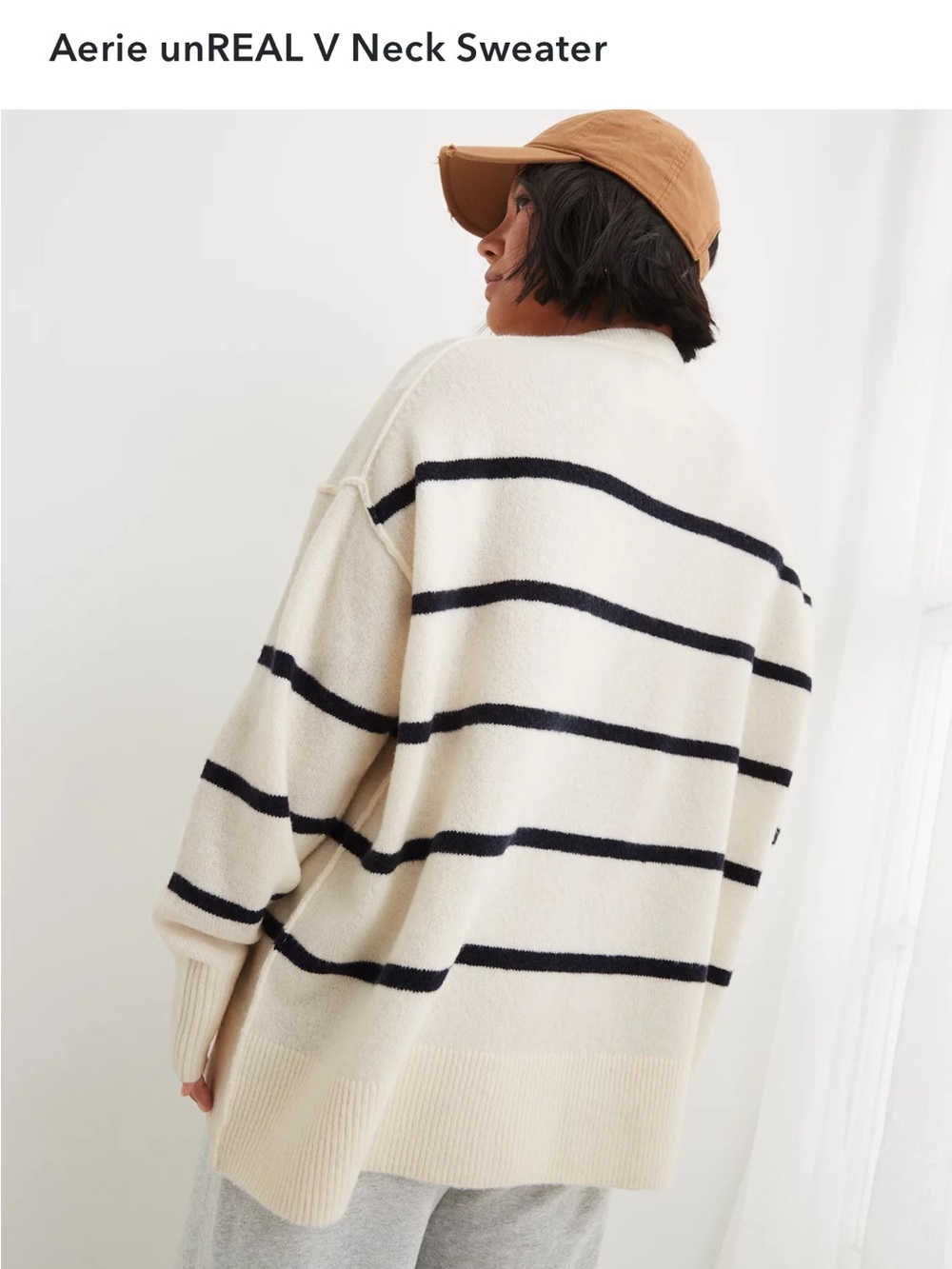 Aerie unREAL V-Neck Striped Sweater - Whit Navy Size Small - Picture 2 of 9
